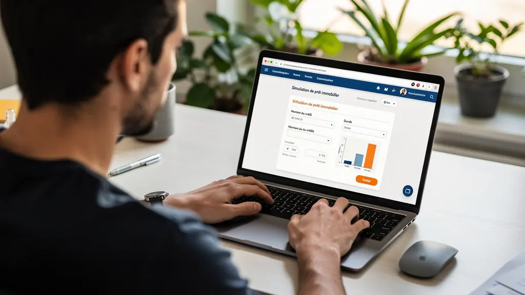 Personne consultant un outil de simulation de crédit immobilier sur écran d'ordinateur