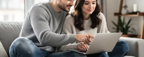 Couple français consultant une simulation de crédit immobilier sur ordinateur portable