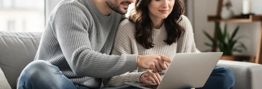 Couple français consultant une simulation de crédit immobilier sur ordinateur portable