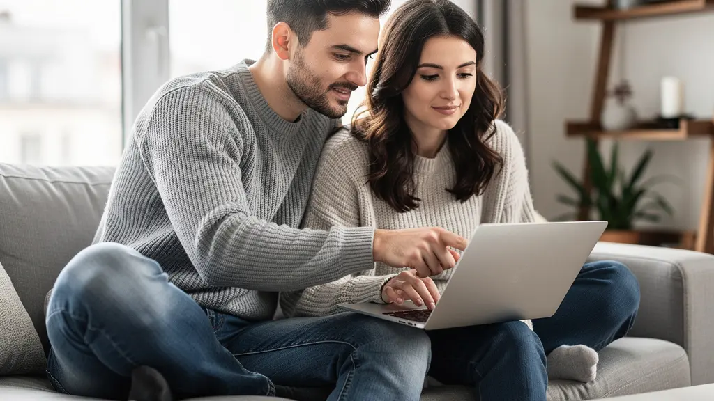 Couple français consultant une simulation de crédit immobilier sur ordinateur portable